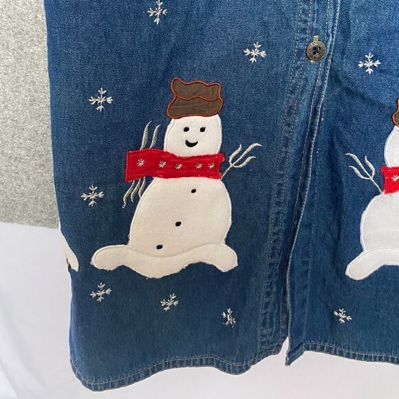 MPH Collection Blue Jean Maxi Dress Button Down Christmas Design Snowmen Size S - Picture 5 of 11